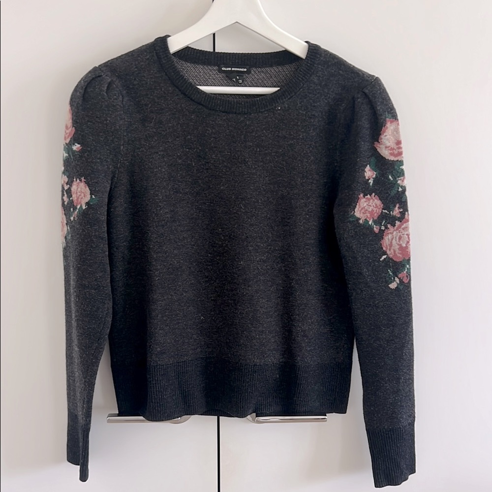 Club Monaco Merino Wool Sweater, Grey with Pink Floral Detail, Size M